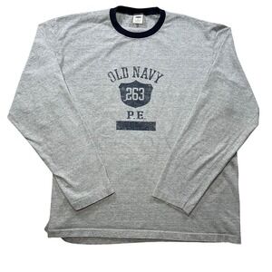 Vintage 90s Old Navy Mens Long Sleeve Gray T-Shirt Crest Shield 263 Ringer Large